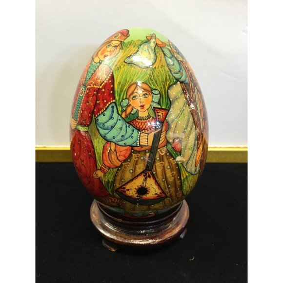 Vintage Russian Painted Lacquered Wooden Egg Folk Art with Stand 6'' Tall - Picture 2 of 14